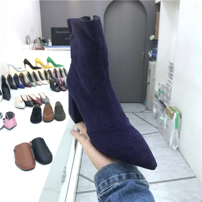 LUXE SEVEN DESIGN CORD BLOCK HEEL ANKLE BOOTS