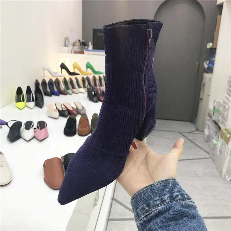 LUXE SEVEN DESIGN CORD BLOCK HEEL ANKLE BOOTS