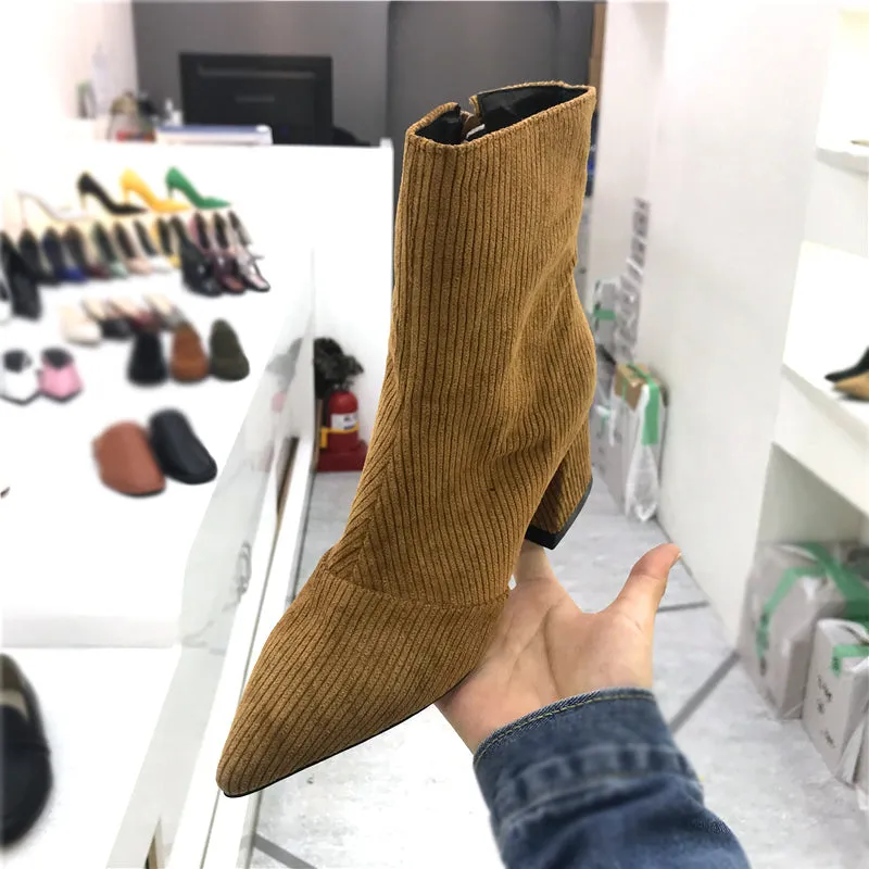 LUXE SEVEN DESIGN CORD BLOCK HEEL ANKLE BOOTS