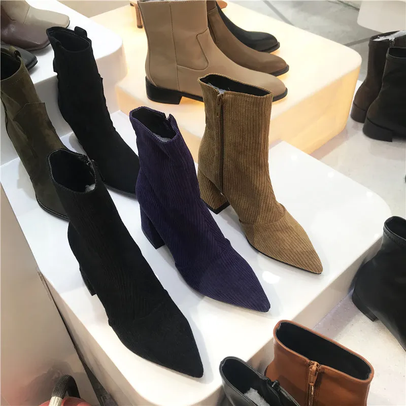 LUXE SEVEN DESIGN CORD BLOCK HEEL ANKLE BOOTS