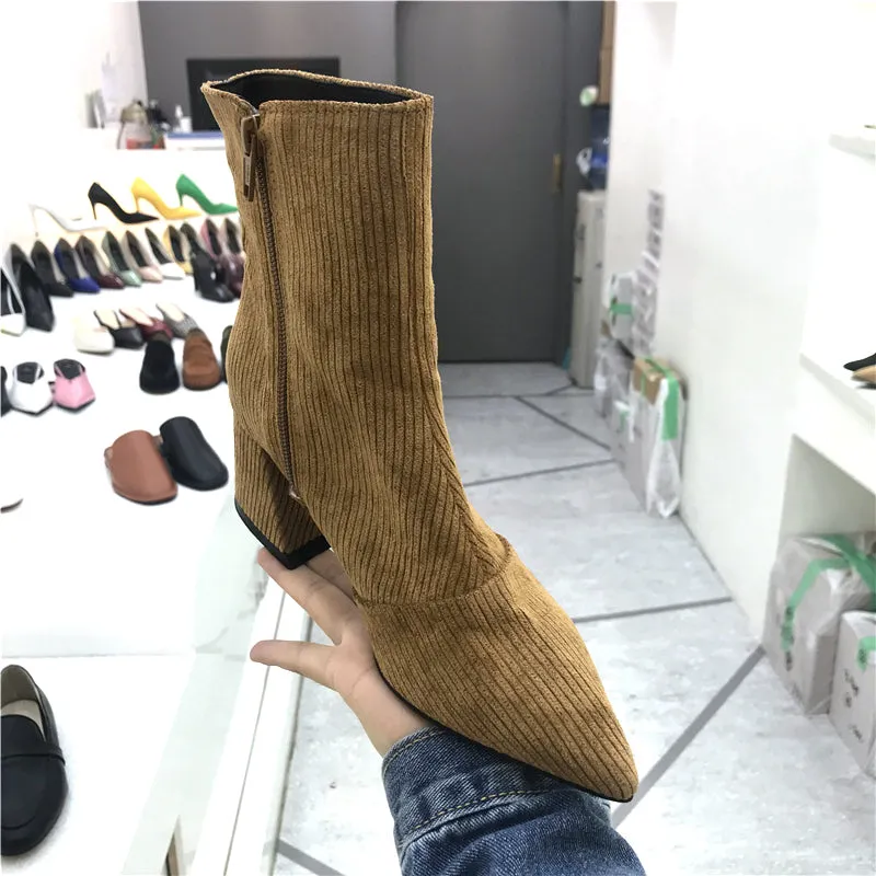 LUXE SEVEN DESIGN CORD BLOCK HEEL ANKLE BOOTS