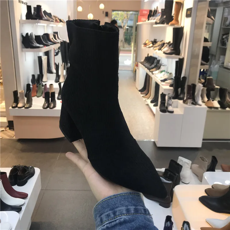 LUXE SEVEN DESIGN CORD BLOCK HEEL ANKLE BOOTS