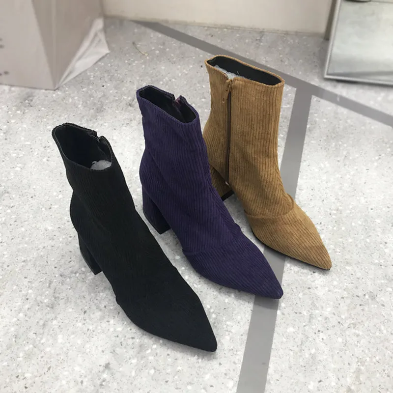 LUXE SEVEN DESIGN CORD BLOCK HEEL ANKLE BOOTS