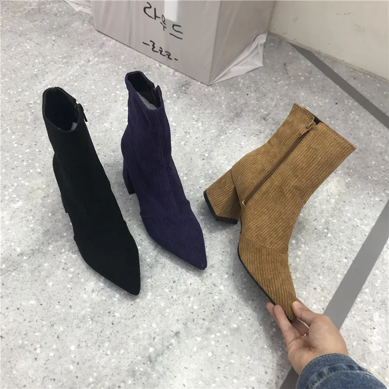 LUXE SEVEN DESIGN CORD BLOCK HEEL ANKLE BOOTS