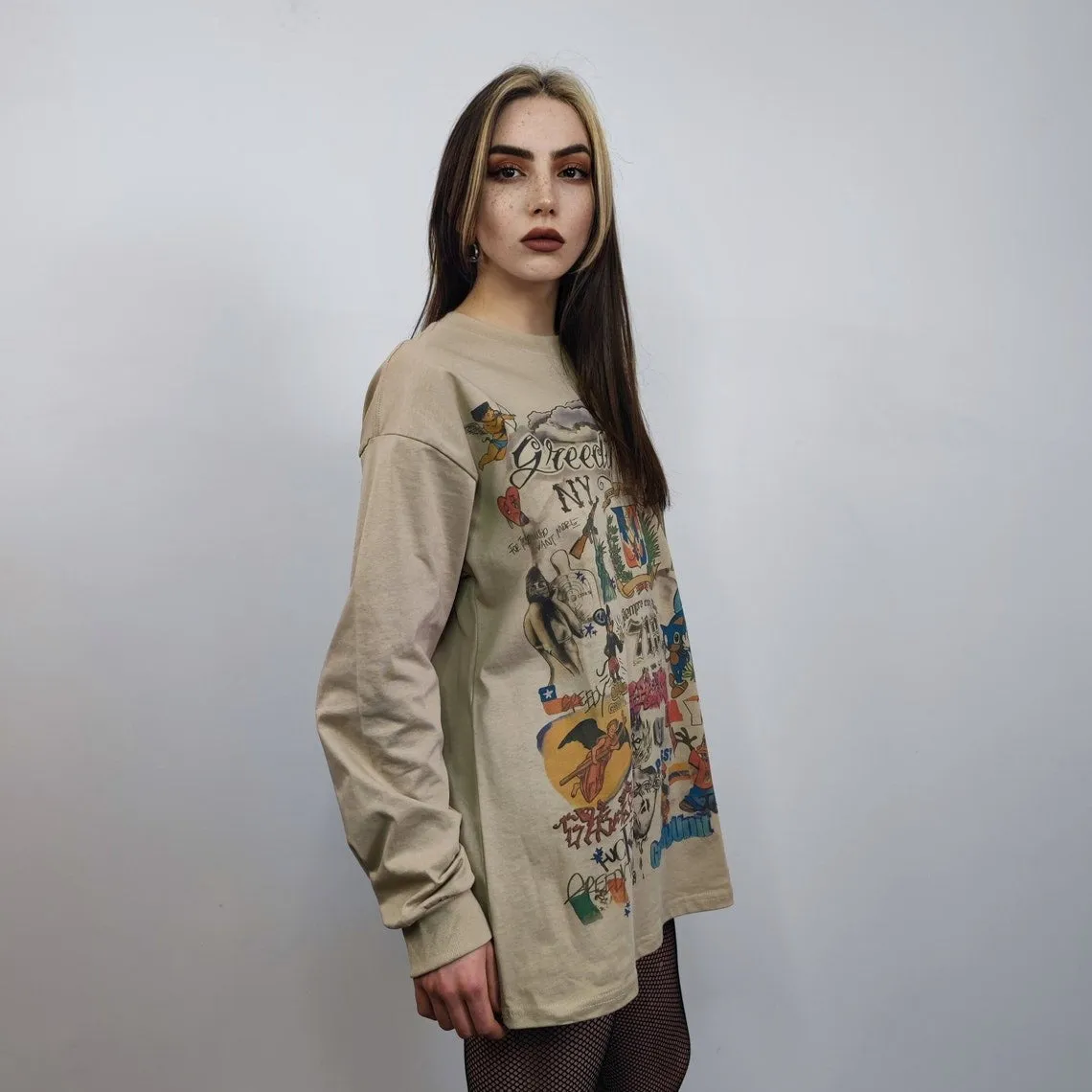 Pop art sweatshirt retro print top thin cartoon jumper gamer sweater psychedelic pullover Y2K print t-shirt in brown