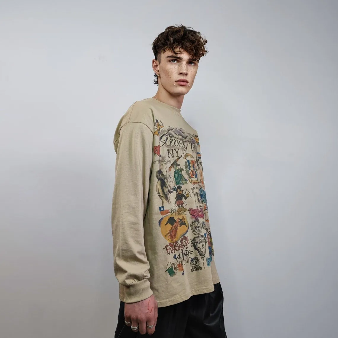 Pop art sweatshirt retro print top thin cartoon jumper gamer sweater psychedelic pullover Y2K print t-shirt in brown